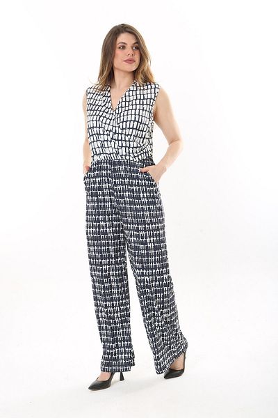 Şans Women's Large Size Navy Blue Wrap Collar Wide Leg Elastic Waist Jumpsuit 65N37635