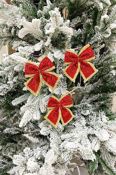 Yusuf Dirik YD Party Supplies Christmas Tree Ornament Red Sequined Gold Ribbon Bow 3 Pieces 12 cm