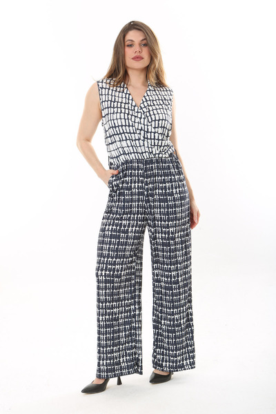 Şans Women's Large Size Navy Blue Wrap Collar Wide Leg Elastic Waist Jumpsuit 65N37635