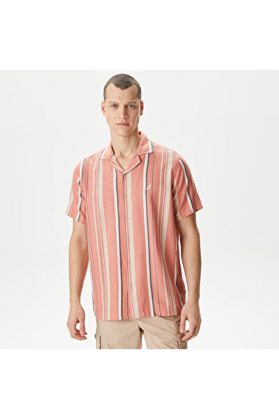 Nautica Erkek Turuncu Classic Fit Kısa Kollu Çizgili Gömlek