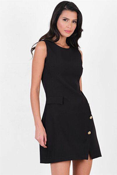 Spazio Oreglio Yuvarlak Yaka Düğme Detaylı Elbise SİYAH