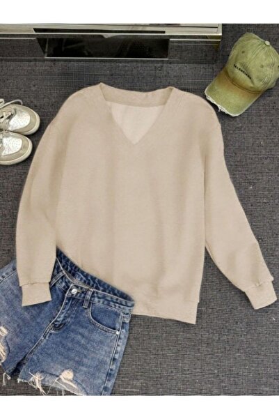 MOONBULL Women's V-Neck Plain Oversize Sweatshirt