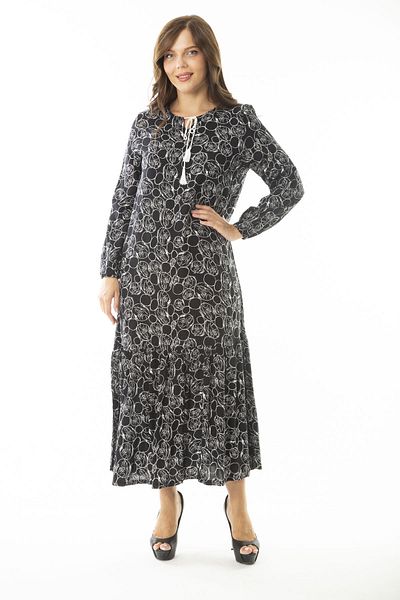 Şans Women's Large Size Black Woven Viscose Fabric Hemline Tiered Long Sleeve Dress 65N36885