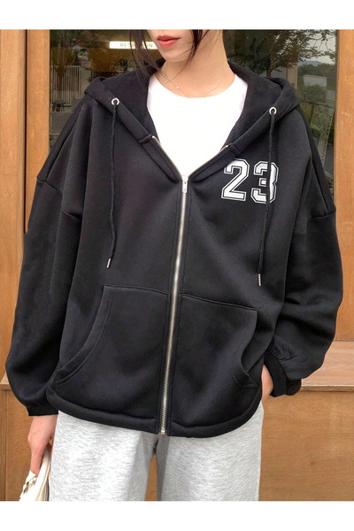 De Carte 23 Baskılı Kapşonlu Mevsimlik Fermuarlı Hırka Sweatshirt