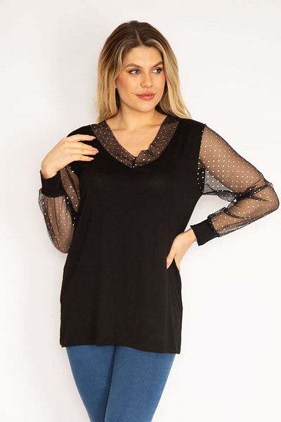 Şans Women's Large Size Black Collar and Sleeves Silvery Tulle Blouse 65n35185
