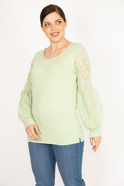 Şans Women's Green Large Size Sleeves Tulle Lace Detailed Tunic 65n36073