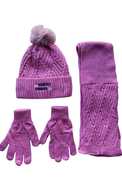 Kitti Pink 3-Piece Set for Girls 9-15 Years - Fleece Beanie, Acrylic Pompom Gloves