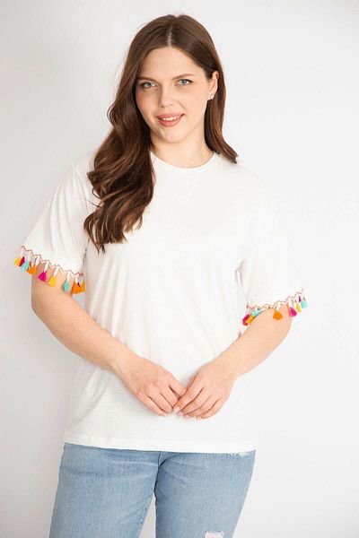 Şans Women's Bone Plus Size Sleeve Tassel Detailed Blouse 65n36332