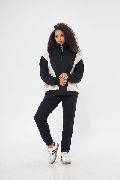 ESPOİRPLUS Beige Black - Oversize Set with Half Zipper, Raised 100% Cotton