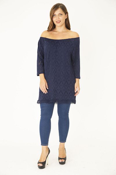 Şans Women's Large Size Navy Blue Perforated Fabric Lined Tunic with Elastic Collar 65N36953
