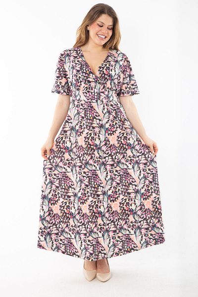 Şans Women's Large Size Color Wraped Collar Long Sleeve Dress 65N37347