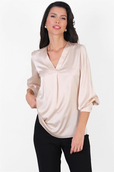 Spazio Marsh V Yaka Saten Bluz BEJ