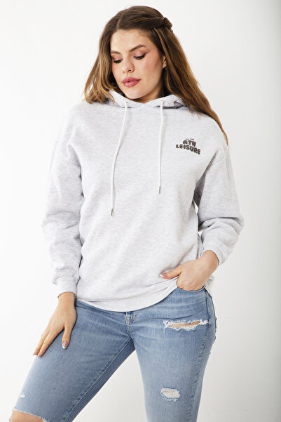 Şans Жіночий великий розмір сірий світшот з капюшоном, трикотажний, з утепленням.