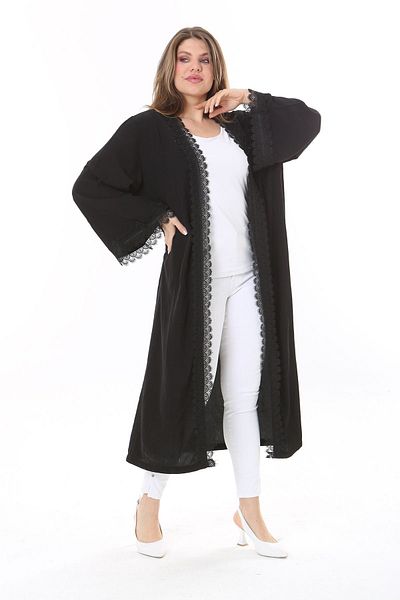 Şans Women's Large Size Black Lace Detailed Nope Satin Cardigan 65N37786