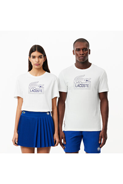 Lacoste Roland Garros Unisex Regular Fit Bisiklet Yaka Baskılı Beyaz T-Shirt