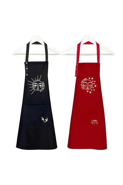 Hulganz Kitchen Apron Set of 2 - Black Red Stain Resistant Water Repellent Fabric, Colorfast Print Dowry Gift Apron