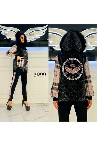 Kokostrendi Crystal Jewelled Triple Set with Back Wing Detail Fur Vest - Powder