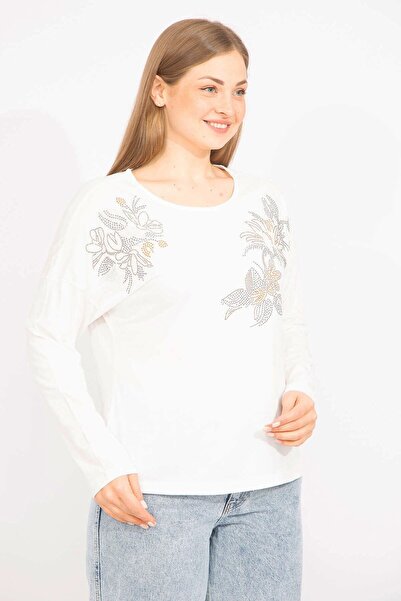 Şans Női csont nagy méretű pamut szövet kő részletes blúz 65n35707