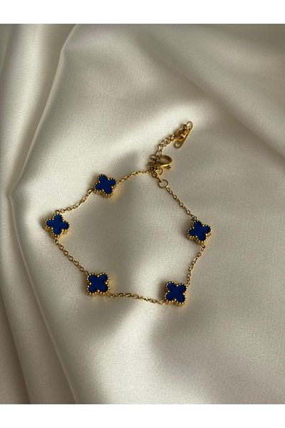 FURHAL AKSESUAR Women's Stainless Steel Model Gold over Blue Color Stainless Steel 5 Leaf Bracelet