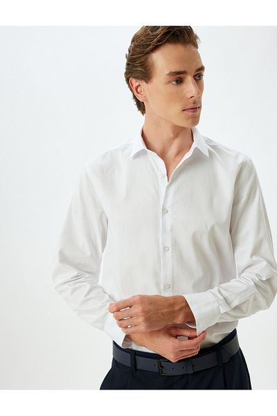 Koton Μακρυμάνικο Slim Fit Βαμβακερό πουκάμισο - Μισό Ιταλικό Γιακά