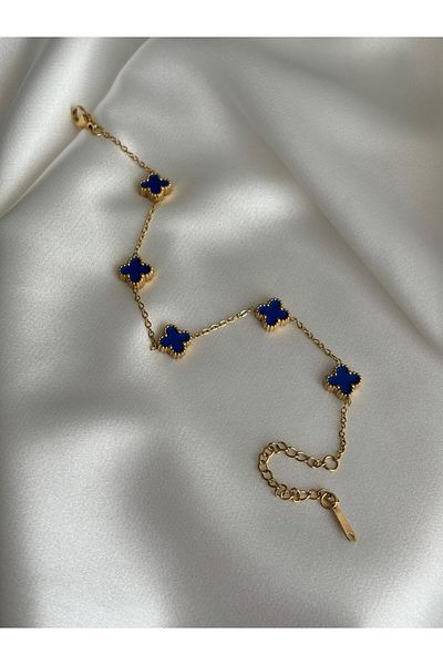 FURHAL AKSESUAR Women's Stainless Steel Model Gold over Blue Color Stainless Steel 5 Leaf Bracelet