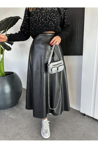 Zerrincan Giyim Siyah Maxi Boy Deri Etek
