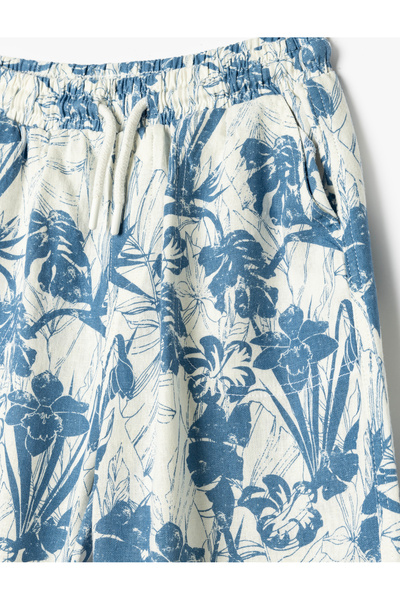 Koton Keten Şort Cepli Beli Lastikli Floral Baskılı