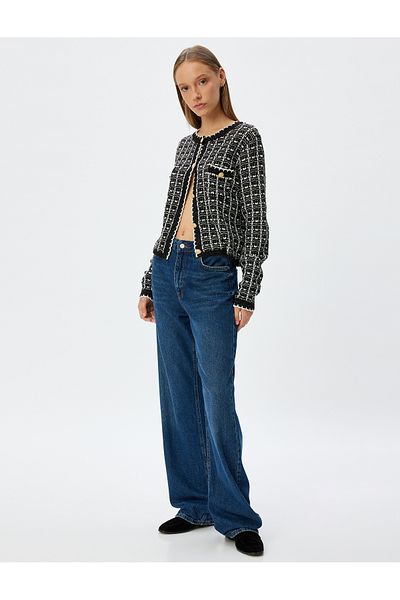 Koton Silvery Knitwear Cardigan with Crew Neck and Buttoned Pocket Detail