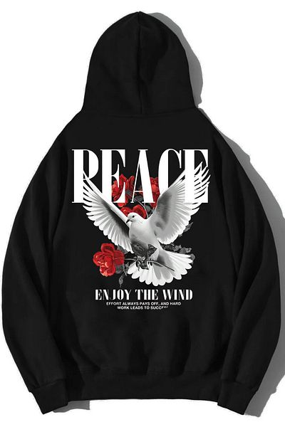 DEEPSENCE PEACEDOVE Μαύρο μπλουζάκι με κουκούλα μεγάλου μεγέθους - Σχέδιο με στάμπα στην πλάτη