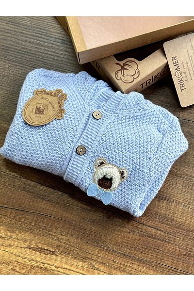 Bursa Trikomer Knitwear Knitted Teddy Bear Pattern Embroidered Newborn Anti-Sweat Soft Comfortable Baby Jumpsuit