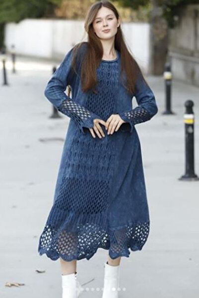 AYASOFYA OTANTIK Rochie de damă, albastru bleumarin, cu mânecă lungă, din tricotaje din bumbac