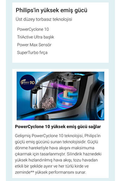 Philips SÜPER TURBO Fırçalı Marathon Ultra Emiş Gücü Yıkanabilir Hepa Filtrel...