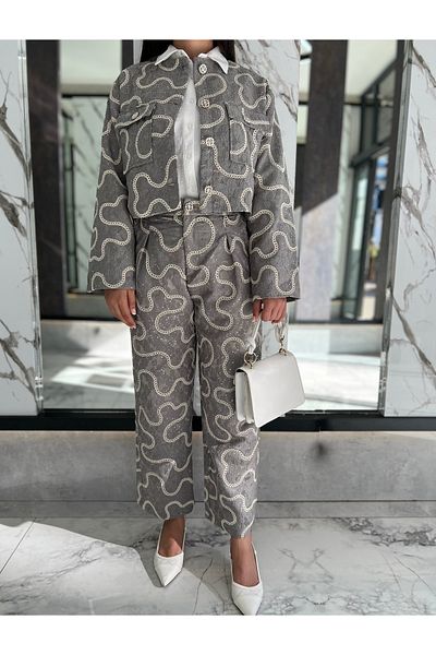 TOPSHOW Gray Embroidered Jacket Pants Set