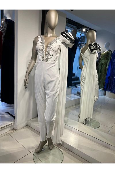 Robes Black Garnished Shoulder Rose Detailed Stone Embroidered Strap Sleeve V-Neck Jumpsuit Evening Dress