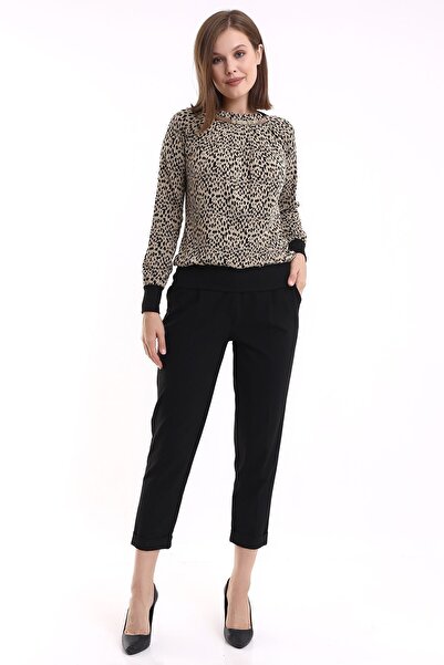 Şiir Vista Kadın Yumuşak Dokulu Reglan Uzun Kollu Yaka Zincir Aksesuar Leopar Jakar Desen Örme Bluz