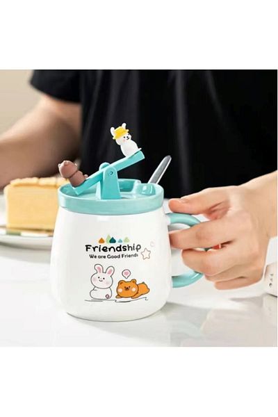HUN Design Cute, Ceramic Lid and Teddy Bear Rabbit Figure Mug with Spoon