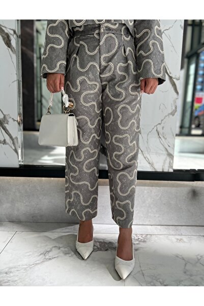 TOPSHOW Gri Nakışlı Ceket Pantolon Takım