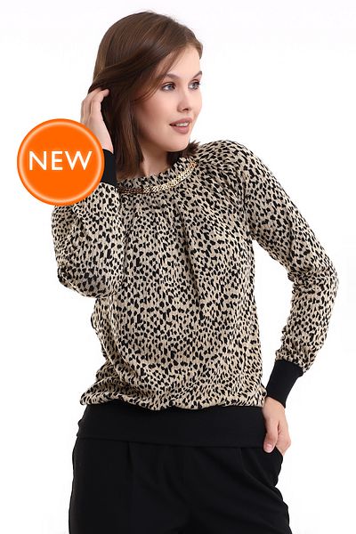 Şiir Vista Women - Raglan με απαλή υφή, μακρυμάνικο, αξεσουάρ αλυσίδας, πλεκτή μπλούζα με στάμπα ζακάρ λεοπάρ