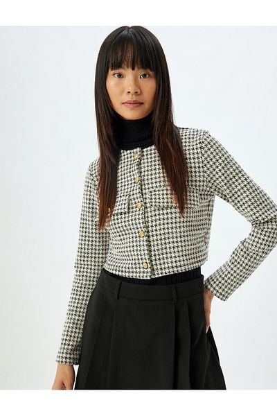 Koton Crew Neck Pocket Detailed Crow's Feet Patterned Crop Cardigan