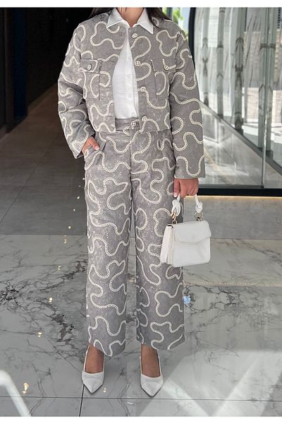 TOPSHOW Gray Embroidered Jacket Pants Set