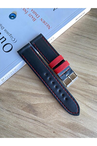 Prizma Düz Siyah Suni Deri Saat Kordonu. Kırmızı Tasarım. 20,22,24,26mm.