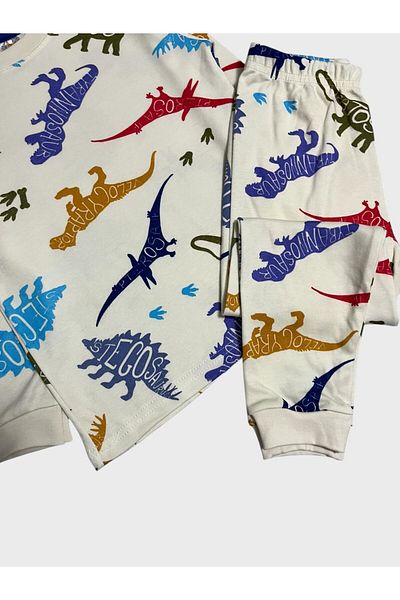 elmas kids Boy's 100% Cotton Ecru Dinosaur Patterned Long Sleeve Pajama Set