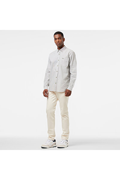 Lacoste Erkek Relaxed Fit Düğmeli Yaka Çizgili Haki Gömlek