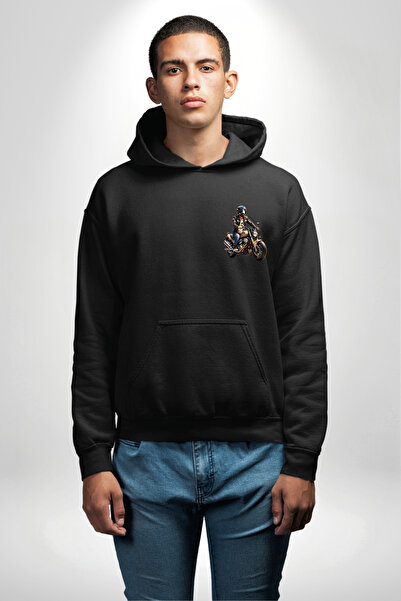 Angemiel Світшот з капюшоном чорного кольору з малюнком шолома - Мотоциклетний тур по світу, з принтом на кишені та спині, унісекс