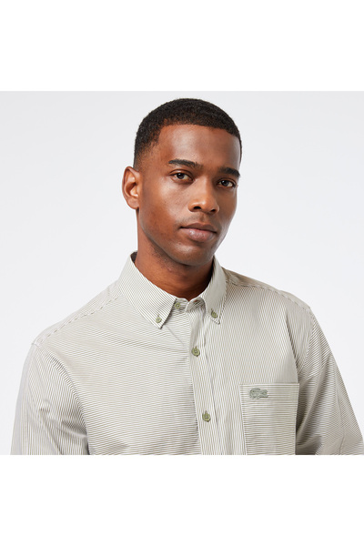 Lacoste Erkek Relaxed Fit Düğmeli Yaka Çizgili Haki Gömlek