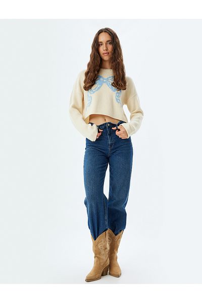 Koton Bow Patterned Oversize Crop Sweater - Crew Neck, Long Sleeve
