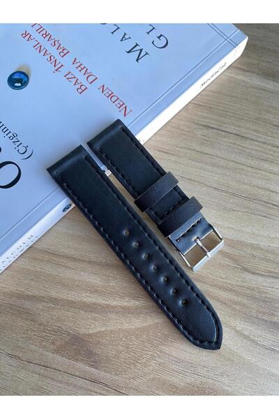 Prizma Düz Siyah Suni Deri Saat Kordonu. Siyah Dikiş. 20,22,24,26mm.