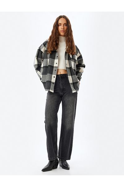 Koton Lumberjack Style Hooded Oversize Shirt - Classic Collar and Buttoned Pocket Detail