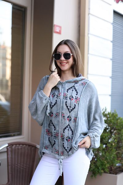 AYASOFYA OTANTIK Women's Gray Hooded Ethnic Patterned Zipper Closure Antique Loose Oversize Cotton Knitwear Cardigan