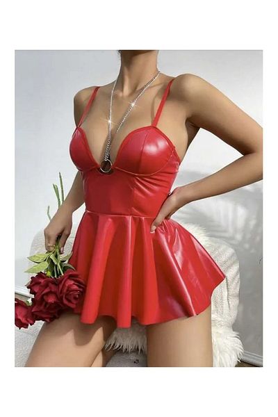 ESİLORA Women's Red Leather Look Sexy Fantasy Mini Dress